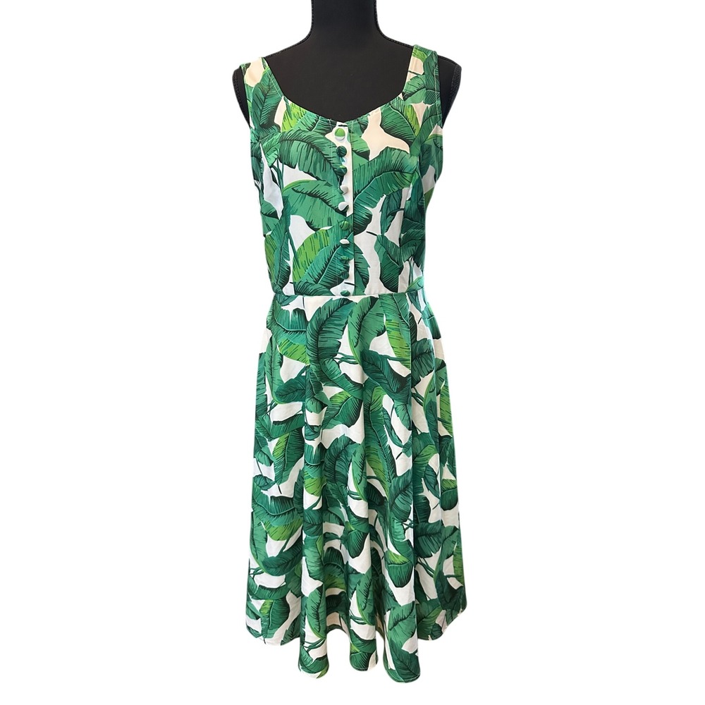 Belle Poque Green Banana Leaf Tropical Flare Dress M Retro Pinup Havana Nights